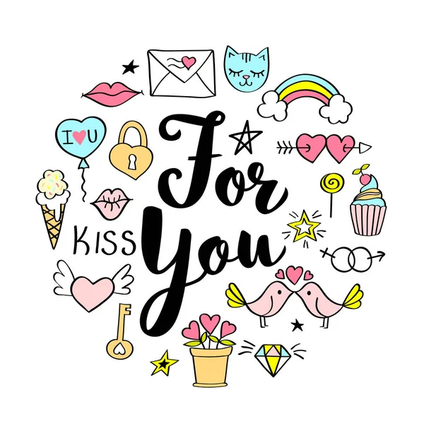 For You lettering with girly doodles for valentines day card design, girl 's t-shirt print, posters. Ручной причудливый слоган в стиле мультфильма . — стоковый вектор