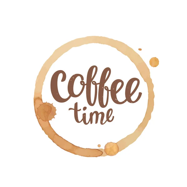 Koffiekopje vlek en druppels met koffie tijd belettering. Vectorillustratie. — Stockvector