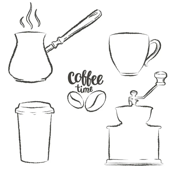 Σετ φλιτζάνι καφέ, Μύλος, ποτ καφέ χαρτί κούπα grunge περιγράμματα. Συλλογή αντικειμένων εκλεκτής ποιότητας καφέ. — Διανυσματικό Αρχείο