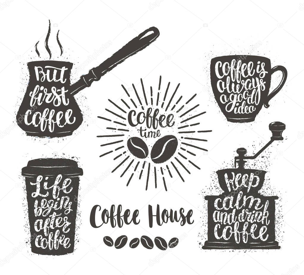 Coffee lettering in cup, grinder, pot shapes. Modern calligraphy quotes about coffee. Vintage coffee objects set with handwritten phrases.