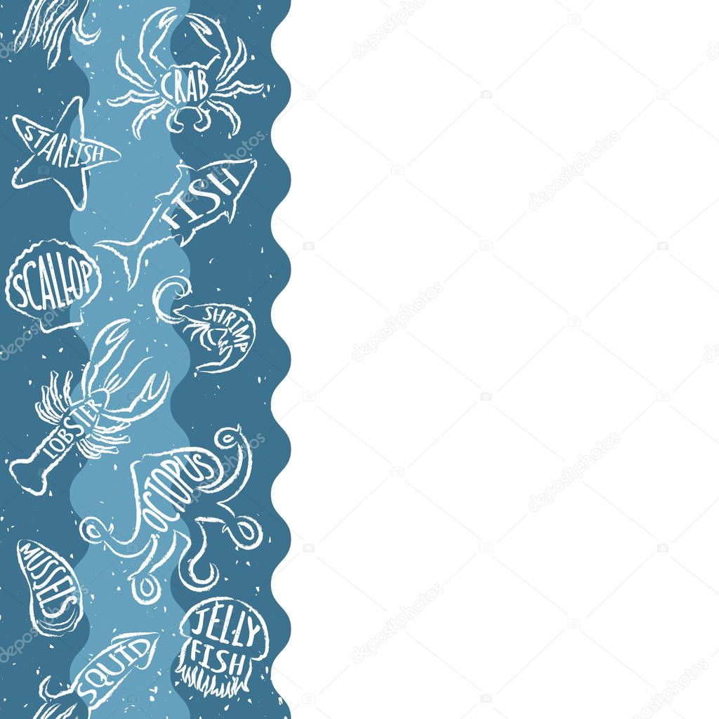 Vertical repeating pattern with seafood products. Seafood seamless banner with underwater contour animals. Tile design for restaurant menu, fish food industry or market shop.