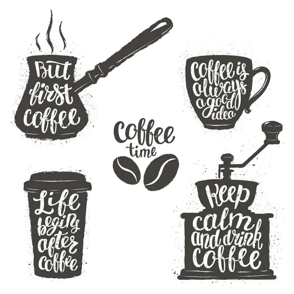 Coffee lettering in cup, grinder, pot shapes. Modern calligraphy  quotes about coffee. Vintage coffee objects  set with hanwritten phrases.