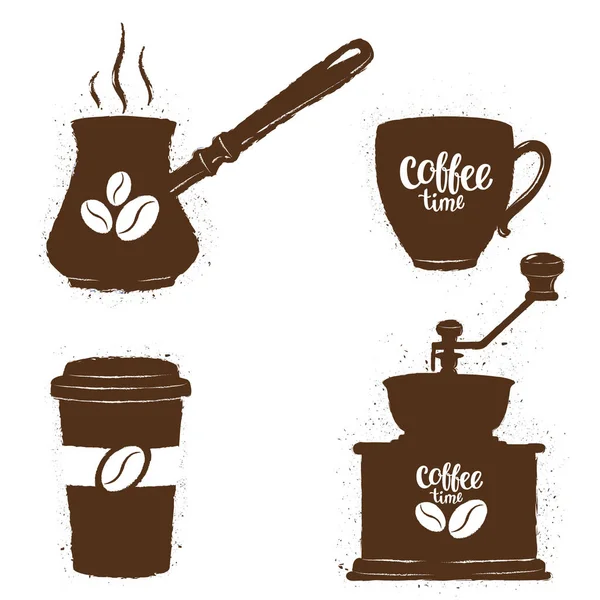 Ensemble d'objets à café vintage. Silhouettes de tasses à café, broyeur, pot avec logo de haricots et lettrage. Heure du café collection . — Photo