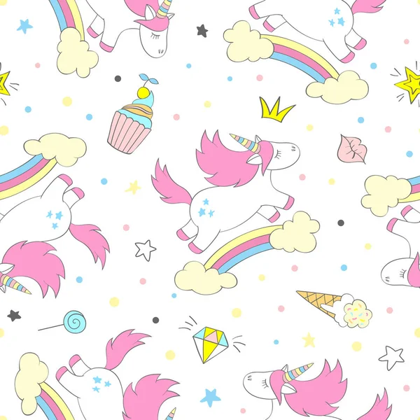 Motif licorne vectoriel sans couture pour textiles pour enfants, imprimés, wallpapper, sccrapbooking. Doodle licorne mignonne avec des éléments doodle répétant fond . — Image vectorielle