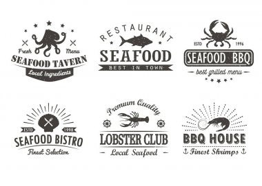Vintage deniz ürünleri, Barbekü, ızgara logo şablonlar, rozetleri ve tasarım öğeleri kümesi. Deniz ürünleri Salonu, kafeterya, Restoran için Logotype koleksiyonu. Vektör çizim. Yenilikçi ve retro tarzı.