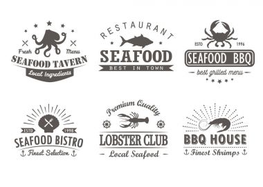 Vintage deniz ürünleri, Barbekü, ızgara logo şablonlar, rozetleri ve tasarım öğeleri kümesi. Deniz ürünleri Salonu, kafeterya, Restoran için Logotype koleksiyonu. Vektör çizim. Yenilikçi ve retro tarzı.