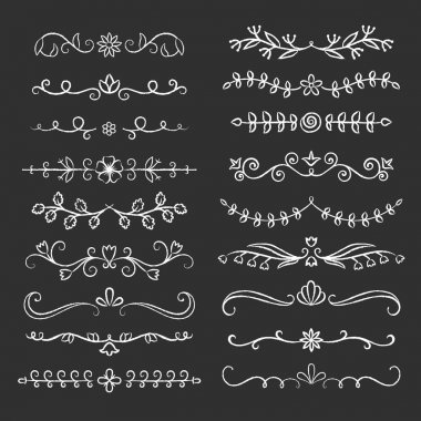 Elle çizilmiş güzelleşmek metin bölücüler tebeşir efektli topluluğu. Doodle tebeşir botanik sınırları tipografi için tasarım, davetiye, tebrik kartları. Kaligrafi ve çiçek tasarım öğeleri.
