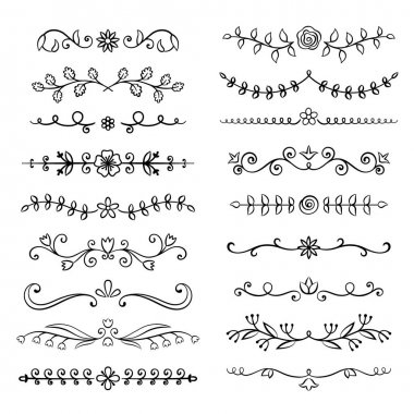 Elle çizilmiş güzelleşmek metin bölücüler topluluğu. Doodle botanik boders tipografi için tasarım, davetiye, tebrik kartları. Kaligrafi ve çiçek tasarım öğeleri.