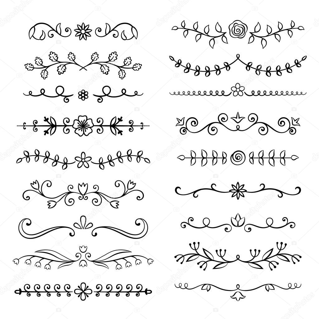 Collection of hand drawn flourish text dividers. Doodle botanical boders for typography design, invitations, greeting cards. Calligraphic and floral design elements.