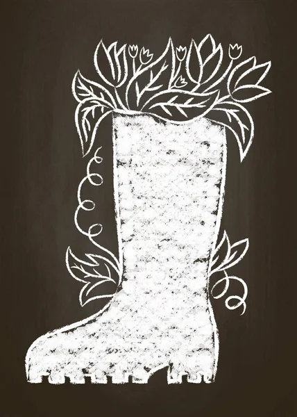 Chalk silhouette of rubber boot with leaves and flowers on chalk board. Typography gardening  card, poster.