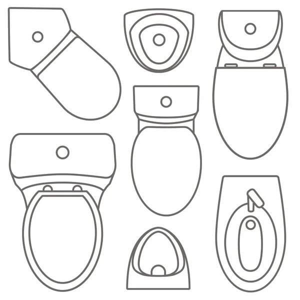 İç tasarım için tuvalet ekipman üstten görünüm koleksiyonu. Vektör kontur çizim. Farklı tuvalet kümesi türleri lavabo. — Stok Vektör