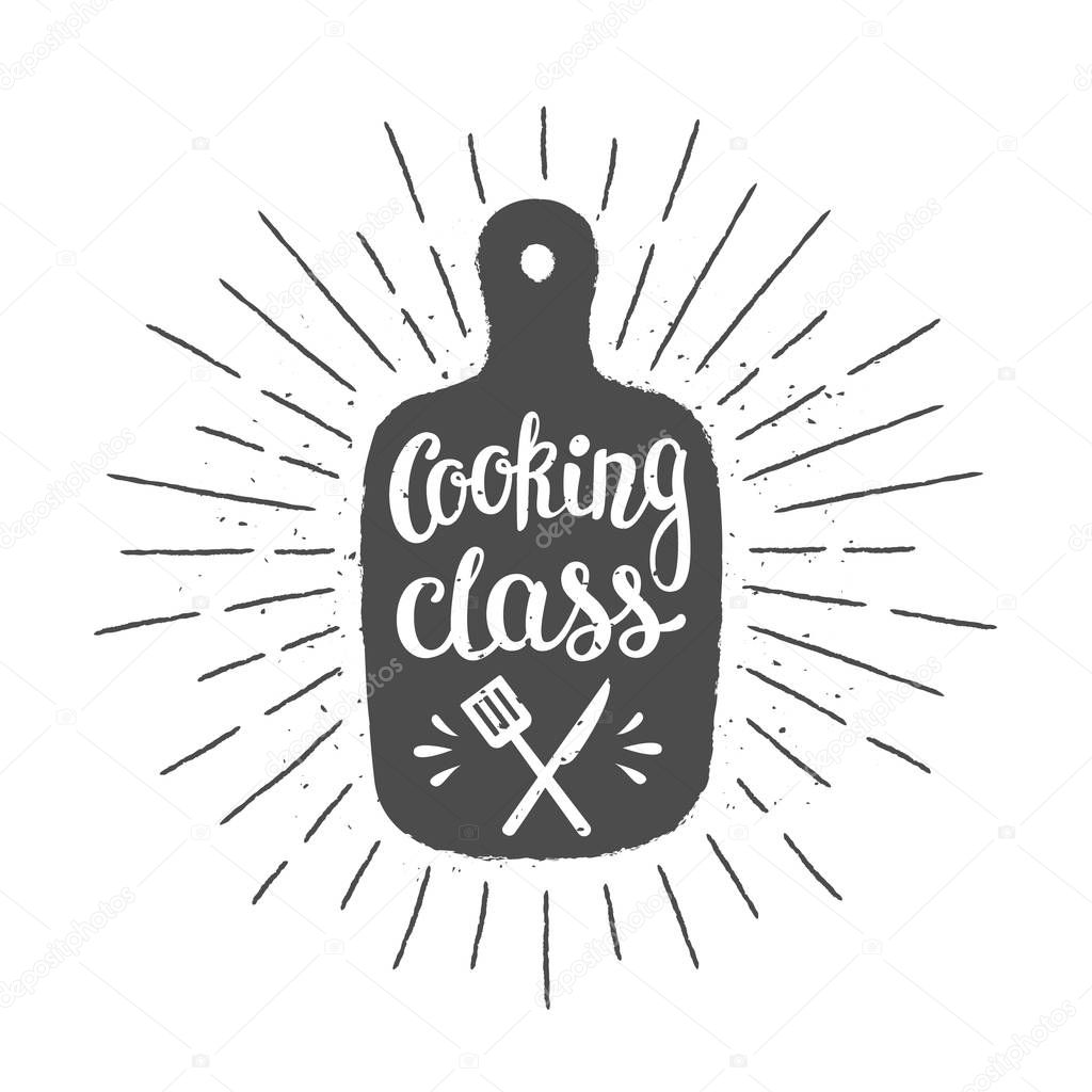 Cutting board silhoutte with lettering - Cooking class - and vintage sun rays. Good for cooking logotypes, bades or posters.