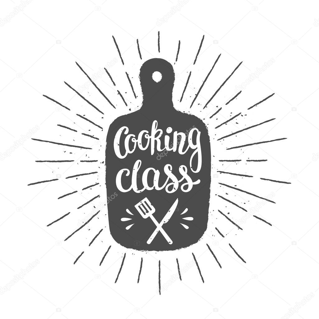 Cutting board silhoutte with lettering - Cooking class - and vintage sun rays. Good for cooking logotypes, bades or posters.