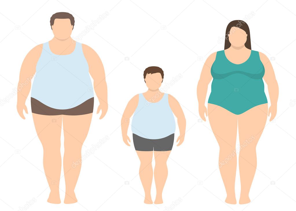 Fat man, woman and child in flat style. Obese family vector illustration. Unhealthy lifestyle concept.