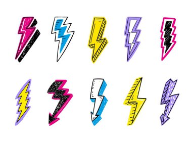 Karalama yıldırımları vektör logosu ayarlandı. Enerji ve elektrik kavramı. Çizgi film flaş koleksiyonu. Güç ve elektrik sembolleri, yüksek hız, çeviklik ve hızlı amblem.