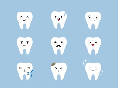 Dişleri simge seti. Çatlak, kırık, sağlıklı beyaz çizgi film karakterleri ve farklı yüz ifadeleri. Ağız temizliği ifadeleri..