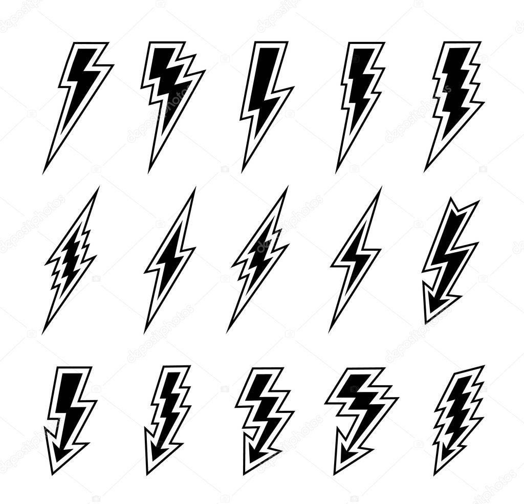 Lightning bolts vector logo set. Concept of energy and electricity. Flash collection. Power and electric symbols, high speed, swiftness and rapid emblem.
