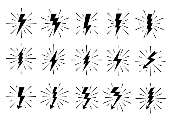 Lightningボルトベクトルロゴセット。エネルギーと電気の概念。光線で点滅する。パワーと電気のシンボル、高速、迅速かつ迅速なエンブレム. — ストックベクタ