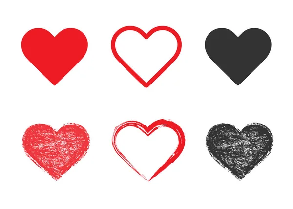 벡터 grunge 심장 아이콘의 세트. 발렌틴 데이 디자인, 카드, 포스터를 위해 손으로 그린 텍스처 심장 모양. — 스톡 벡터