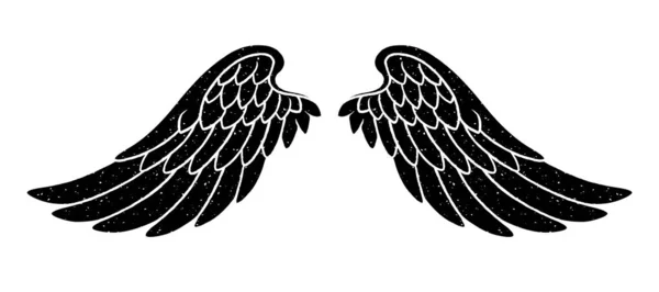 Χειροποίητο πουλί ή άγγελος grunge υφή πτερύγια πτερύγιο. Χειροποίητη σιλουέτα φτερά για t-shirt prints, tatoo design, vintage styled poster. — Διανυσματικό Αρχείο