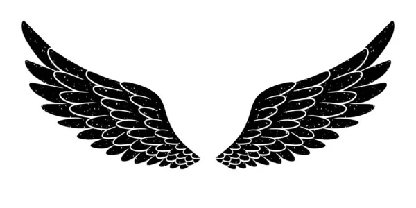 Handgetekende vogel of engel grunge getextureerde slagvleugels. Handgetekende vleugels silhouet voor t-shirt prints, tatoo design, vintage styled poster. — Stockvector