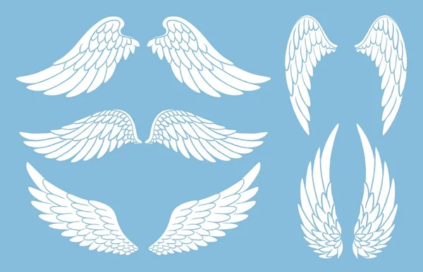 Set di ali di uccello o angelo disegnate a mano di diversa forma in posizione aperta. Doodle ali set silhouette bianche . — Vettoriale Stock