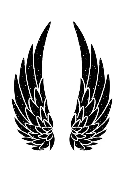 Pássaro desenhado à mão ou anjo grunge texturizado batendo asas. Sílhueta de asas desenhadas à mão para estampas de t-shirt, design de tatoo, pôster estilo vintage . — Vetor de Stock