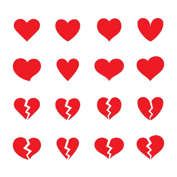Set van rode hele en gebroken hartvormige symbolen. Verzameling van verschillende romantische vector hart pictogrammen voor website, sticker, liefdeslogo en Valentijnsdag. — Stockvector