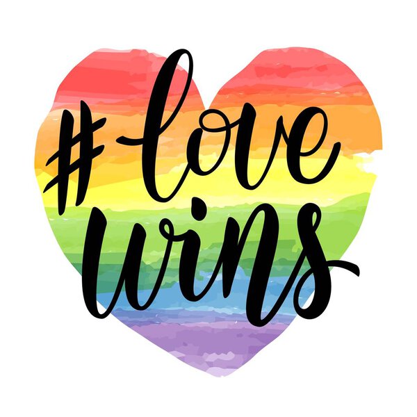 Love Wins lettering on watercolor rainbow spectrum heart shape. Homosexuality emblem isolated on white. LGBT rights concept. Modern poster, placard, invitation card, t-shirt print design.