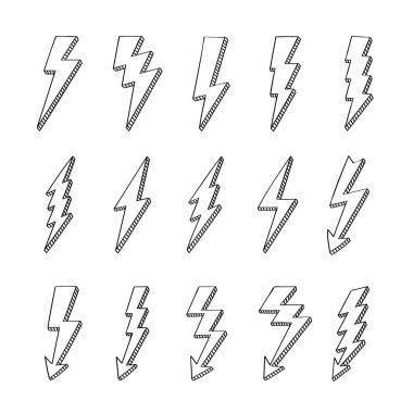Karalama yıldırımları vektör logosu ayarlandı. Enerji ve elektrik kavramı. Çizgi film flaş koleksiyonu. Güç ve elektrik sembolleri, yüksek hız, çeviklik ve hızlı amblem.