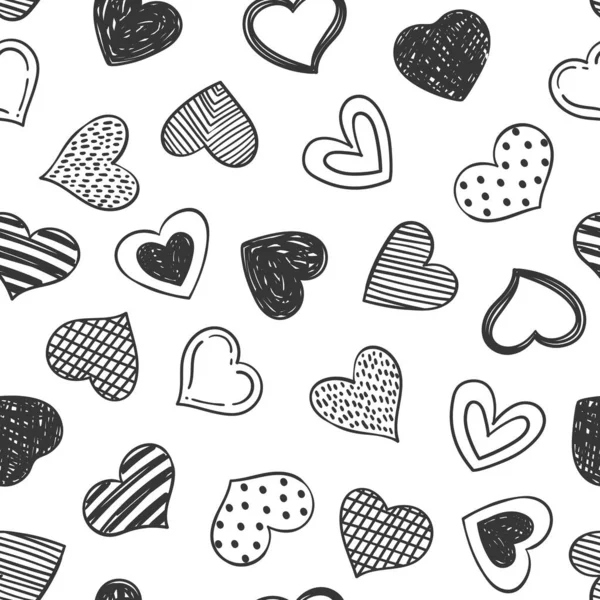 Doodles hearts seamless pattern. Hand drawn sketchy romantic monochrome background for Valentines Day design, wrapping papper, textile print. — 스톡 벡터