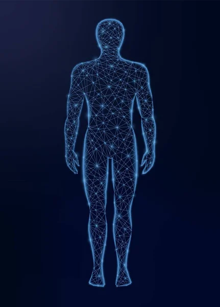 Ilustrasi vektor poly rendah tubuh manusia pada latar belakang gelap. Konsep Kedokteran, Sains dan Teknologi . - Stok Vektor