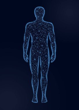 Human body low poly vector illustration on dark background. Medicine, science and technology concept.