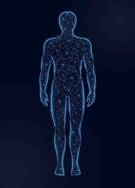 Cuerpo humano bajo poli vector ilustración sobre fondo oscuro. Concepto de medicina, ciencia y tecnología . — Archivo Imágenes Vectoriales