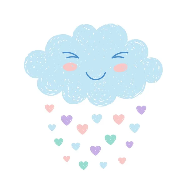 Carino felice cartone animato nube kawaii su sfondo bianco con pioggia a forma di cuore. Illustrazione vettoriale nuvola sognante — Vettoriale Stock