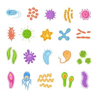 Bakteriler ve virüsler rengarenk, mikro organizmalar hastalıklara neden olan nesneler. Farklı türler, bakteriler, virüsler, koronavirüs, infusorium, streptokok, mantar, protozoa. Vektör illüstrasyonu.