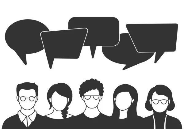 Mensen avatars met spies bellen. Mannen en vrouwen communicatie, praten over llustratie. Medewerkers, team, denken, vragen, idee, brainstorm concept. — Stockvector