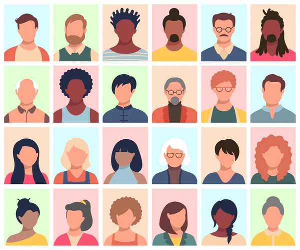 Ensemble de personnes, avatars, chefs de personnes de différentes ethnies et âges dans un style plat. Multi nationalités réseaux sociaux personnes face à la collecte . — Image vectorielle