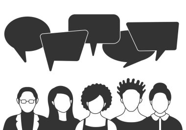 İnsanlar hoparlör baloncuklarıyla avatarlar. Erkek ve kadın iletişimi, konuşan hayal gücü. İş arkadaşları, ekip, düşünme, soru, fikir, beyin fırtınası konsepti.