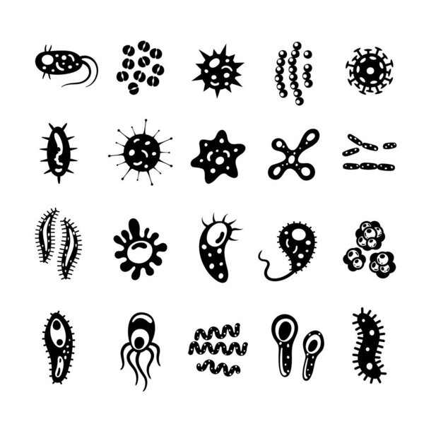Bacteria and viruses collection in flat style, micro-organisms disease-causing objects. Different types, bacteria, viruses, coronavirus, infusorium, streptococcus, fungi, protozoa.