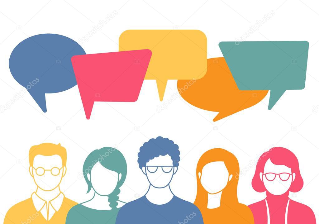 People avatars with speech bubbles. Men and woman communication, talking llustration. Coworkers, team, thinking, question, idea, brainstorm concept.