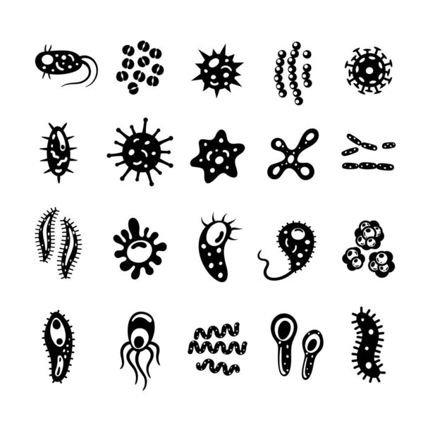 Bacteria and viruses collection in flat style, micro-organisms disease-causing objects. Different types, bacteria, viruses, coronavirus, infusorium, streptococcus, fungi, protozoa.