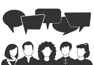 İnsanlar konuşma baloncuklarıyla avatarlar. Erkek ve kadın iletişimi, konuşan hayal gücü. İş arkadaşları, ekip, düşünme, soru, fikir, beyin fırtınası konsepti.