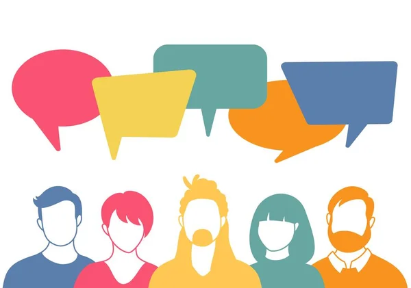 Pessoas avatares com bolhas de fala. Comunicação entre homens e mulheres, ilustração falante. Colaboradores, equipe, pensamento, pergunta, ideia, conceito de brainstorm . — Vetor de Stock
