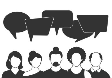 İnsanlar konuşma baloncuklarıyla avatarlar. Erkek ve kadın iletişimi, konuşan hayal gücü. İş arkadaşları, ekip, düşünme, soru, fikir, beyin fırtınası konsepti.