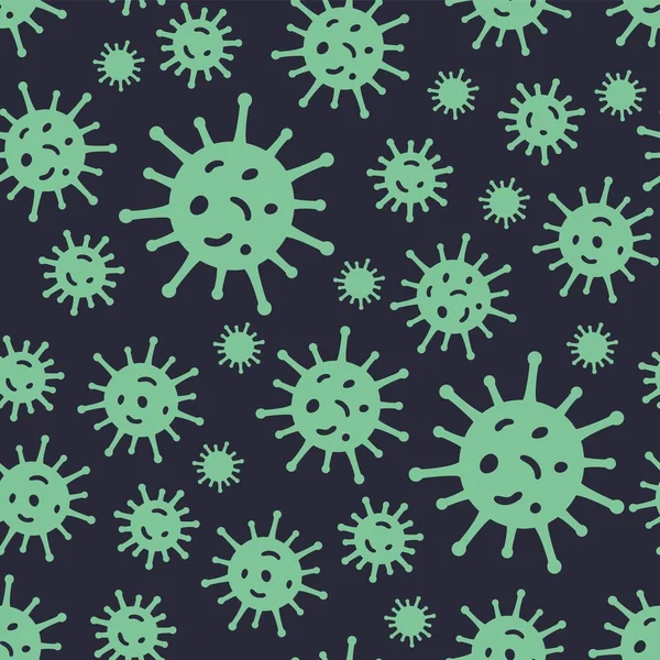 コロナウイルスとのシームレスなパターン。微生物細胞は、テキストデザイン、包装紙、壁紙の背景を繰り返します。暗い背景の色の輪郭. — ストックベクタ