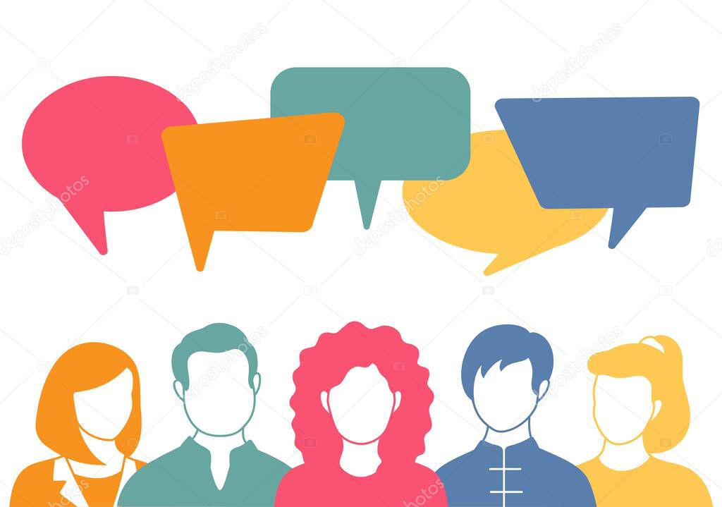 People avatars with speech bubbles. Men and woman communication, talking llustration. Coworkers, team, thinking, question, idea, brainstorm concept.