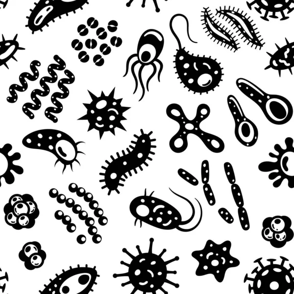 Zökkenőmentes minta fekete sziluettek baktériumok, vírusok és baktériumok. Mikroorganizmus sejtek ismétlődő háttér textil design, csomagolás papper, tapéta. — Stock Vector