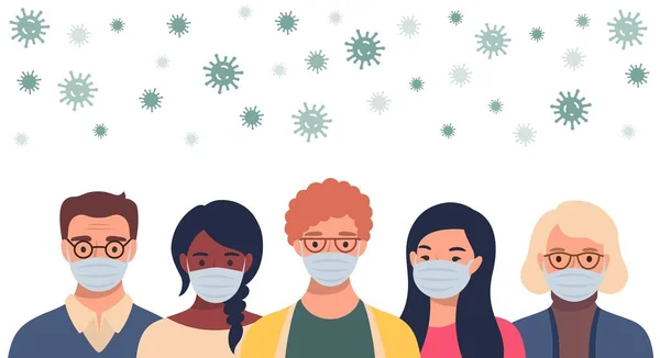 Orang dengan topeng pelindung dan coronavirus terbang dengan gaya datar. Pria dan wanita memakai masker medis untuk mencegah penyakit, flu, konsep karantina. - Stok Vektor