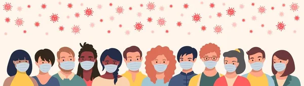 Groep mensen in beschermende maskers en vliegend coronavirus in platte stijl. Mannen en vrouwen met medische maskers om ziekte, griep en quarantaine te voorkomen. — Stockvector